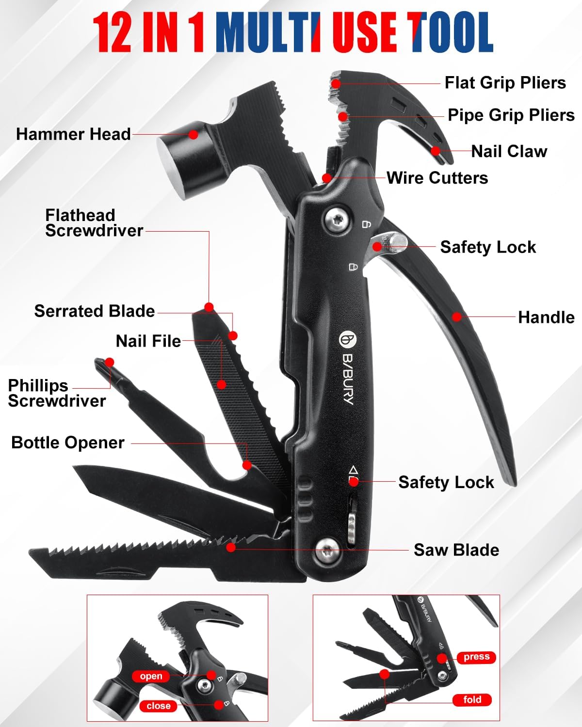 BIBURY Cadeau Homme, 12 en 1 Outil Multifonction, Cadeau Fete des Peres, Camping Gadget Insolite Utile, Cadeau Anniversaire Papa, Cadeau Papa, Idee Cadeau Papa Original, Cadeau Saint Valentin