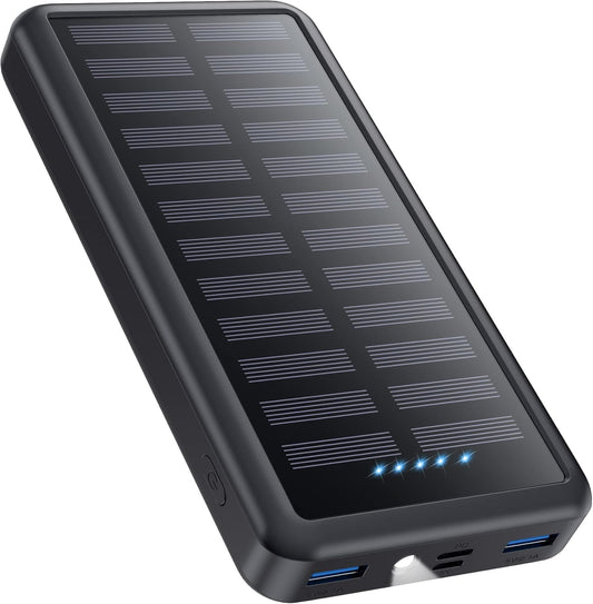 Pxwaxpy Batterie Externe 26800mAh, USB C Chargeur Solaire 15W PD 3.0A Charge Rapide, 3 Sorties 3 Entrées Batterie Charge Externe avec LED Lampe de Poche Power Bank Compatible avec iPhone Samsung etc