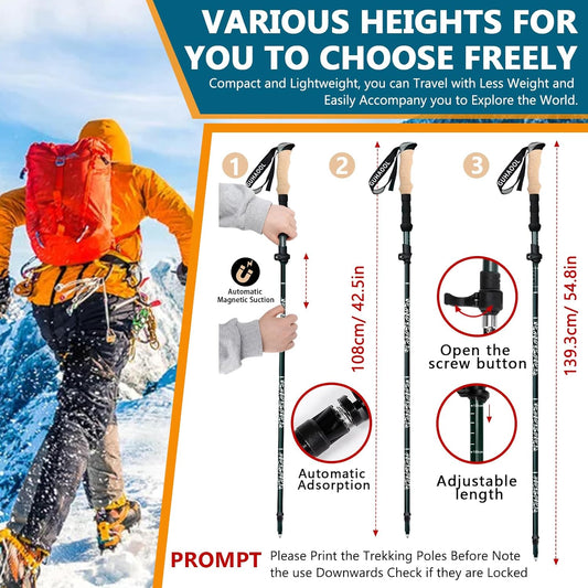 Bâtons de Randonnée, 2 PCS Bâton de Marche Télescopique Retractable,Pliable Antidérapant Ultraléger Bâtons de Marche avec 5 Paires de Tampons en Caoutchouc pour Le Conditionnement du Trekking