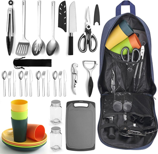 Berglander Essentiels de Camping, ustensiles de Cuisine de Camping, équipement d’Accessoires de Camping livré avec Couverts de Camping, Assiettes et Tasses, idéal pour cuisinière extérieure, Pique